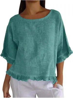 Women's Cotton Linen Tops Round Neck Ruffled Hem Sleeve Shirts Plain Loose Fit T Shirt Summer Trendy Blouse