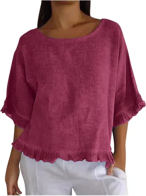 Women's Cotton Linen Tops Round Neck Ruffled Hem Sleeve Shirts Plain Loose Fit T Shirt Summer Trendy Blouse