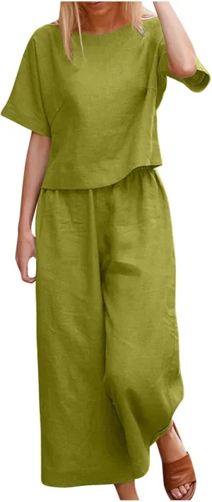 Women's Cotton Linen Two Piece Work Suits Summer Ladies Oversized Tops and Pants Sets Dressy Casual Solid Outfits