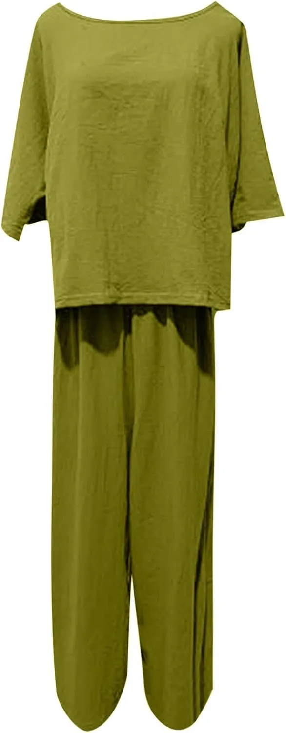 Women's Cotton Linen Two Piece Work Suits Summer Ladies Oversized Tops and Pants Sets Dressy Casual Solid Outfits