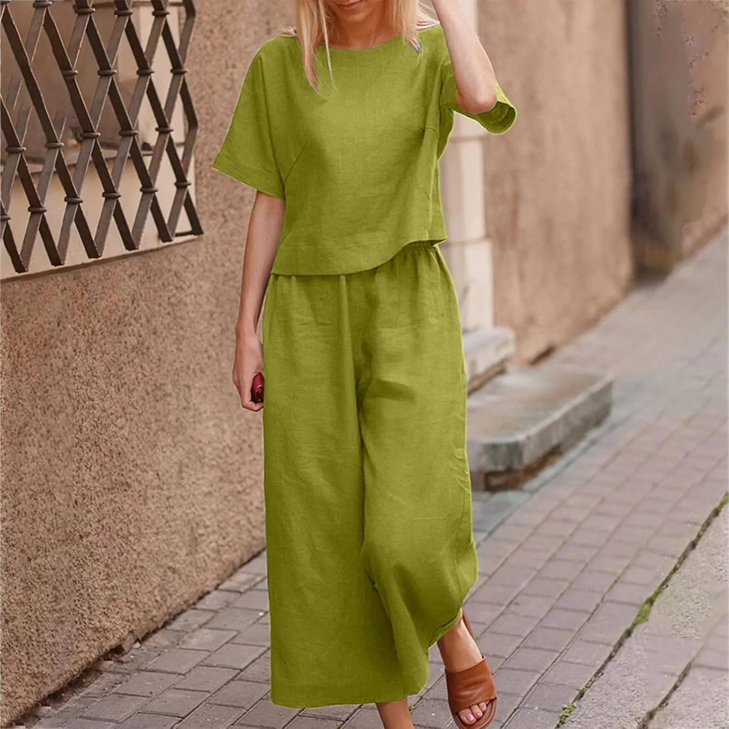 Women's Cotton Linen Two Piece Work Suits Summer Ladies Oversized Tops and Pants Sets Dressy Casual Solid Outfits