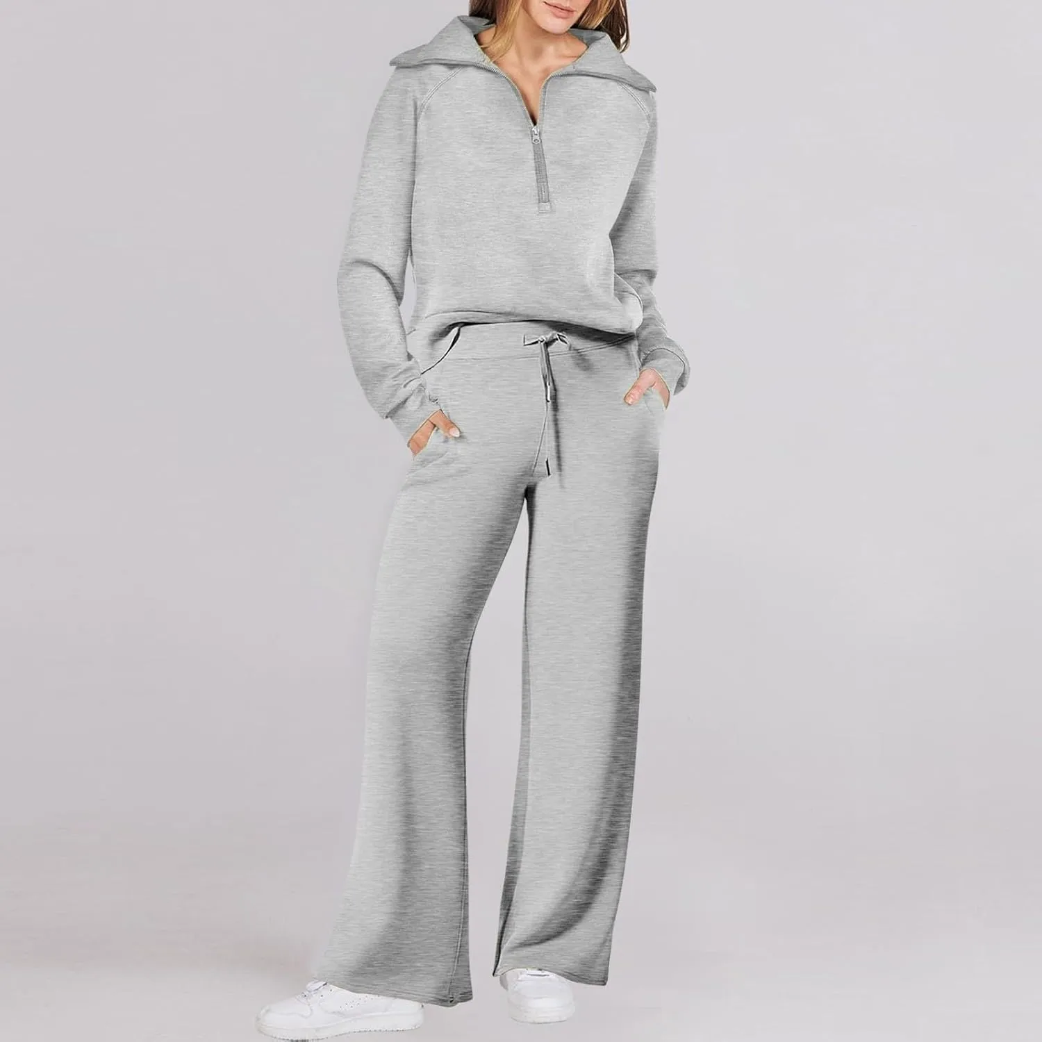 Womens Cute Pajama Sets Women Two Outfits Sweatsuit Set Quarter Zip Sweatshirt Wide Leg Sweatpant Fall Set Lounge