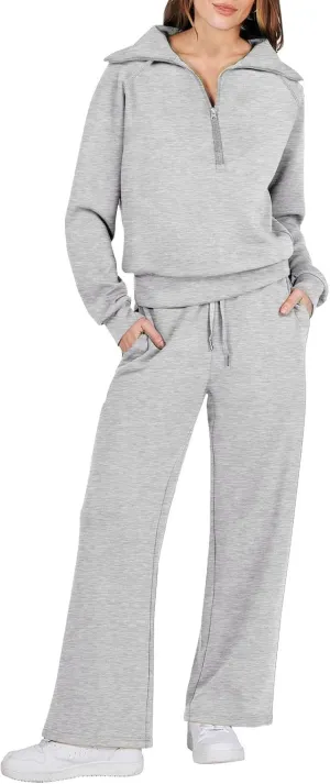 Womens Cute Pajama Sets Women Two Outfits Sweatsuit Set Quarter Zip Sweatshirt Wide Leg Sweatpant Fall Set Lounge