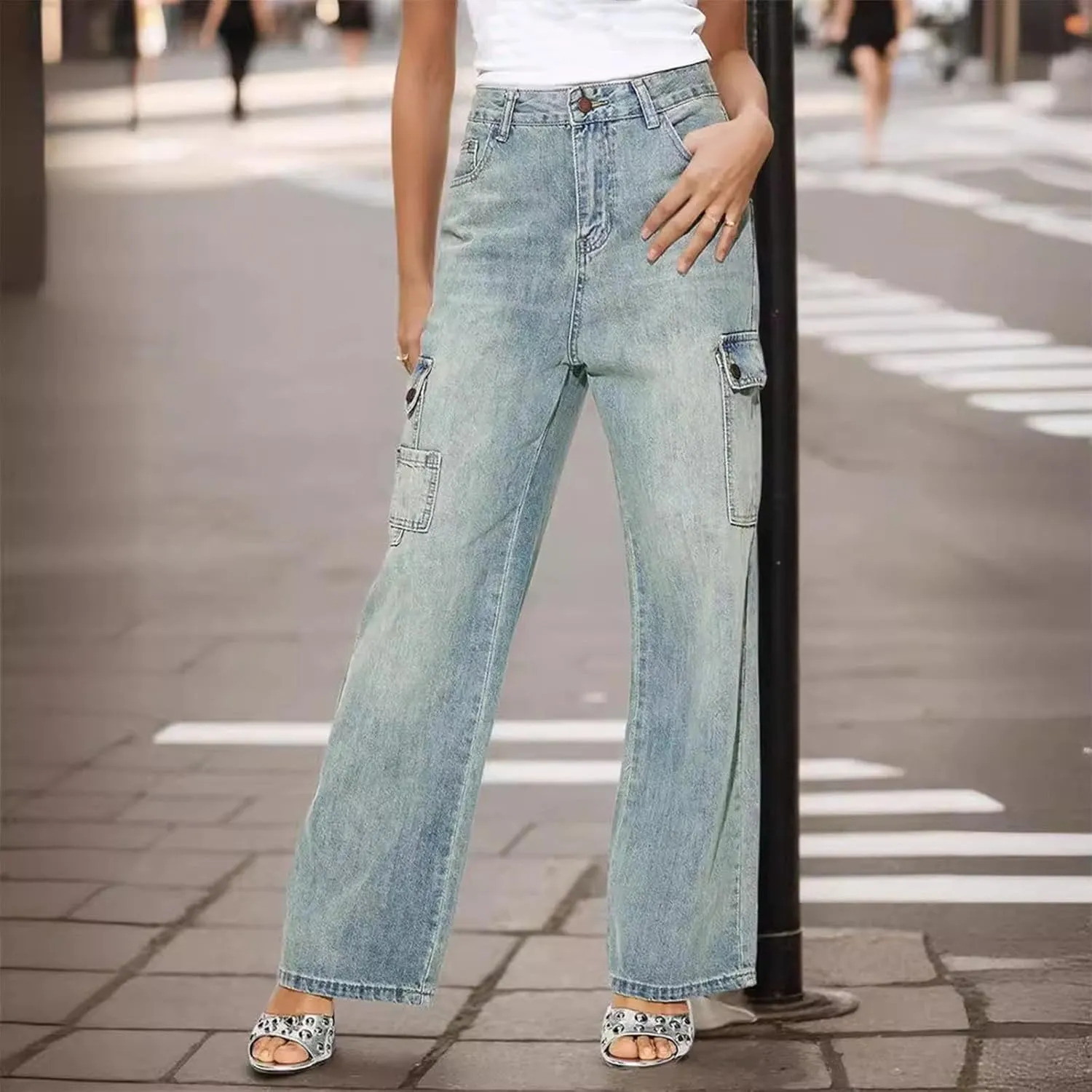 Womens Denim Pants High Waisted Wide Leg Jeans Trendy Work Pants Stretch Jeans Loose Fit Trousers Lightweight Pants
