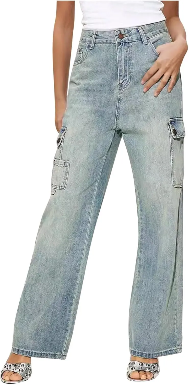 Womens Denim Pants High Waisted Wide Leg Jeans Trendy Work Pants Stretch Jeans Loose Fit Trousers Lightweight Pants