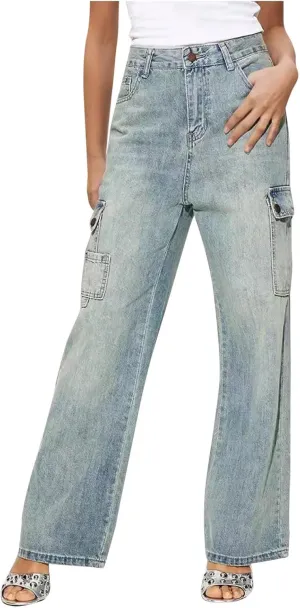 Womens Denim Pants High Waisted Wide Leg Jeans Trendy Work Pants Stretch Jeans Loose Fit Trousers Lightweight Pants