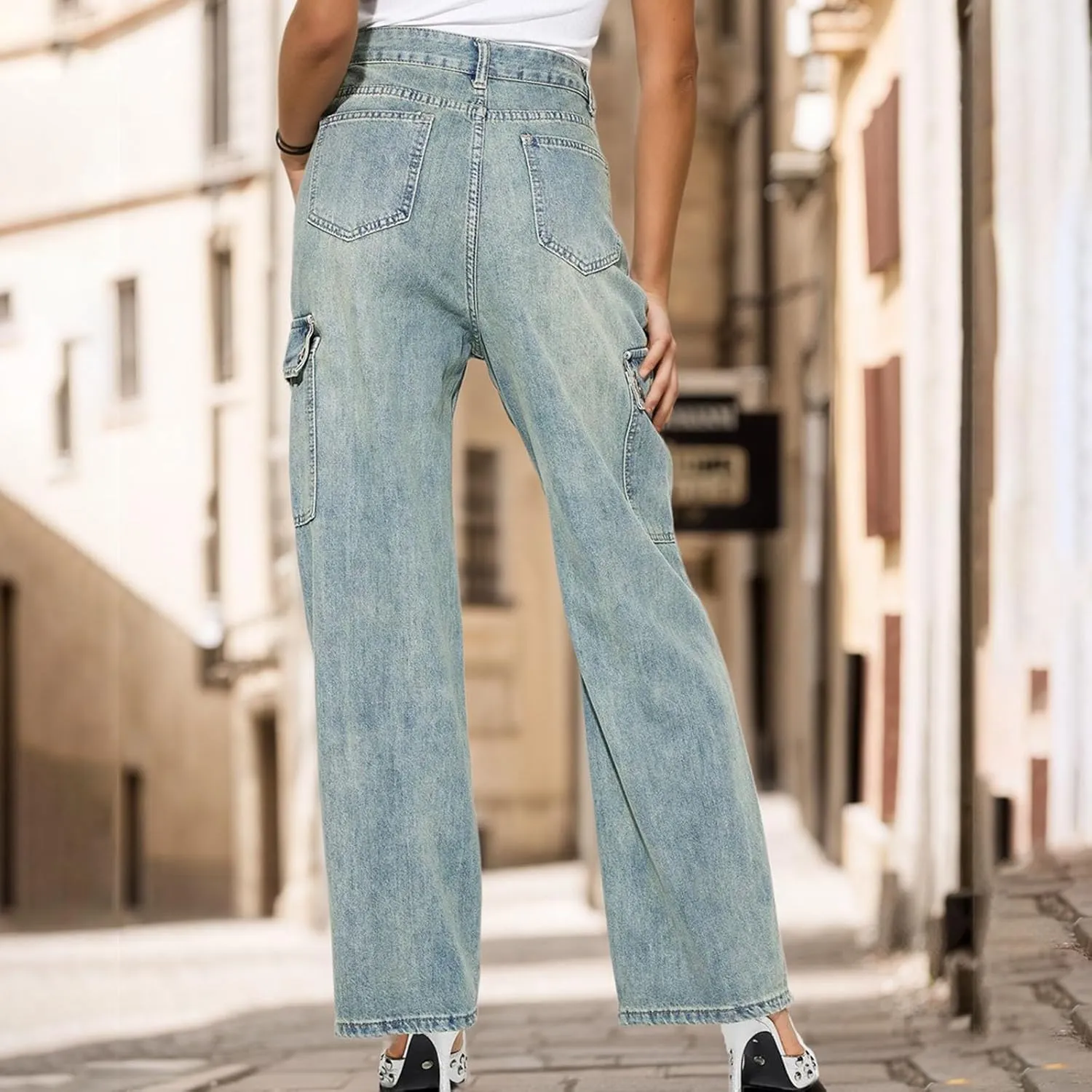 Womens Denim Pants High Waisted Wide Leg Jeans Trendy Work Pants Stretch Jeans Loose Fit Trousers Lightweight Pants
