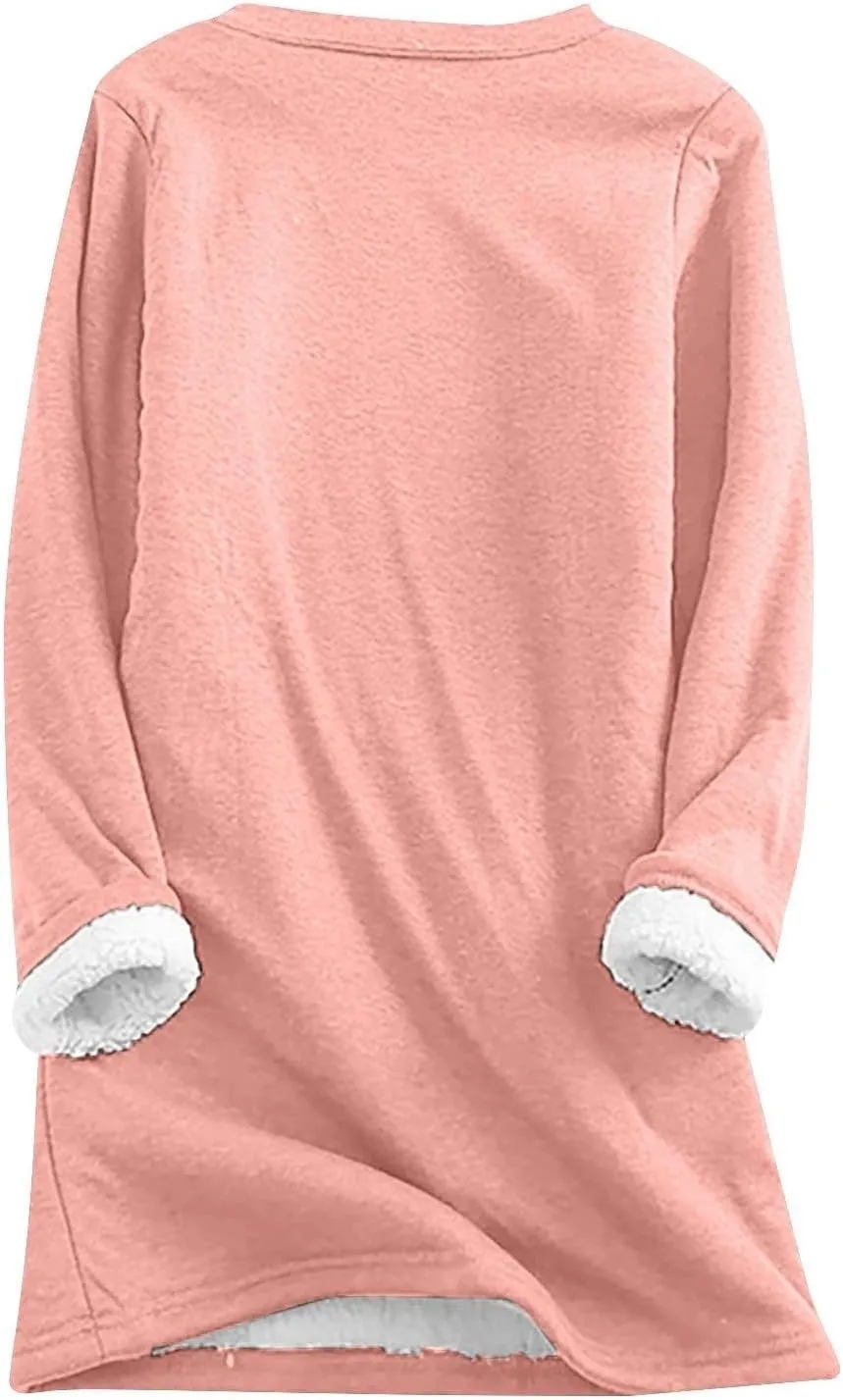 Womens Fleece Crewneck Sweatshirts Thermal Fleece Tops Round Neck Long Sleeve Pullover