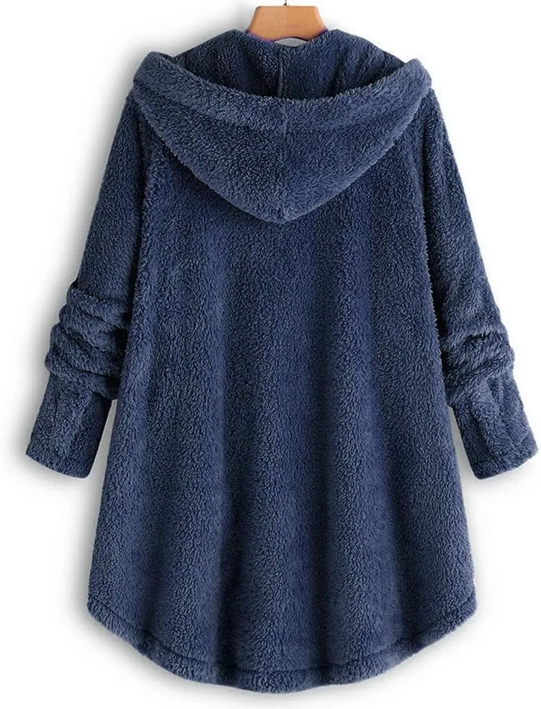 Womens Fuzzy Fleece Hoodie Jackets 2023 Fashion Button Down Sherpa Loungewear Oversized Cozy Home Shearling Coat