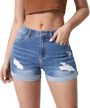 Women's High Waisted Rolled Hem Distressed Jeans Ripped Denim Shorts Casual Frayed Short Jeans with Pockets