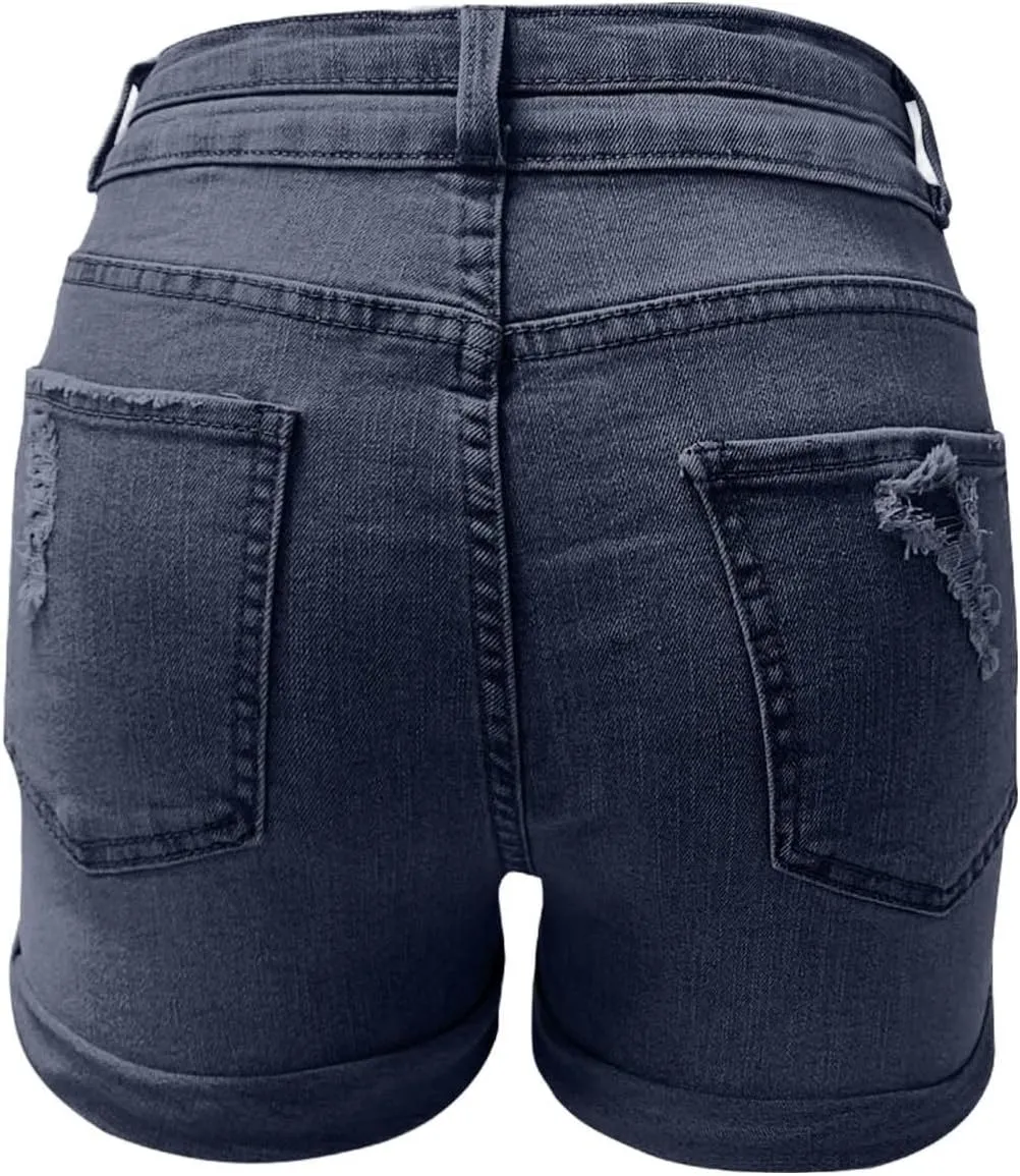 Women's High Waisted Rolled Hem Distressed Jeans Ripped Denim Shorts Casual Frayed Short Jeans with Pockets
