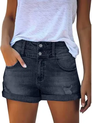 Women's High Waisted Rolled Hem Distressed Jeans Ripped Denim Shorts Casual Frayed Short Jeans with Pockets