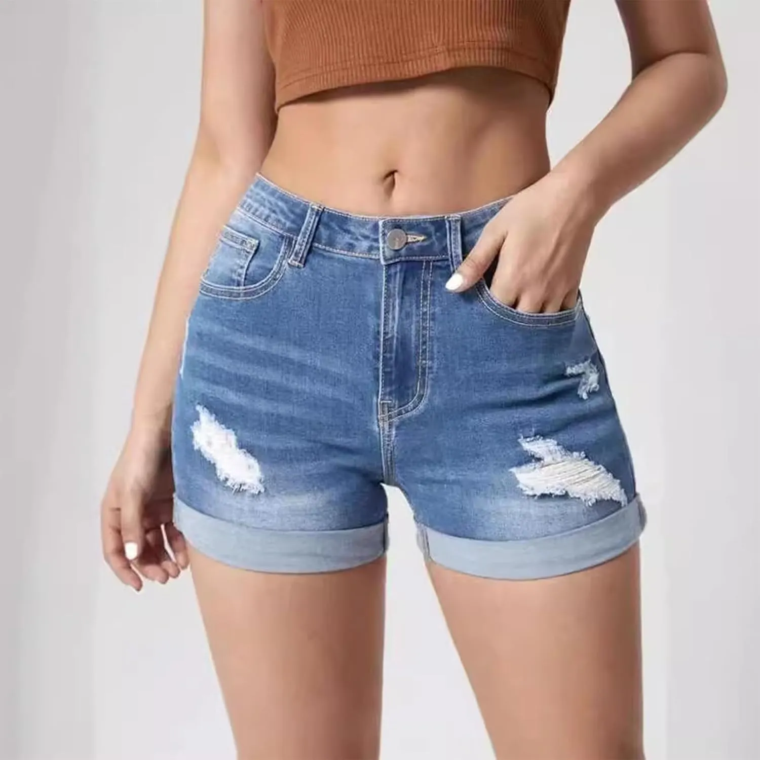 Women's High Waisted Rolled Hem Distressed Jeans Ripped Denim Shorts Casual Frayed Short Jeans with Pockets