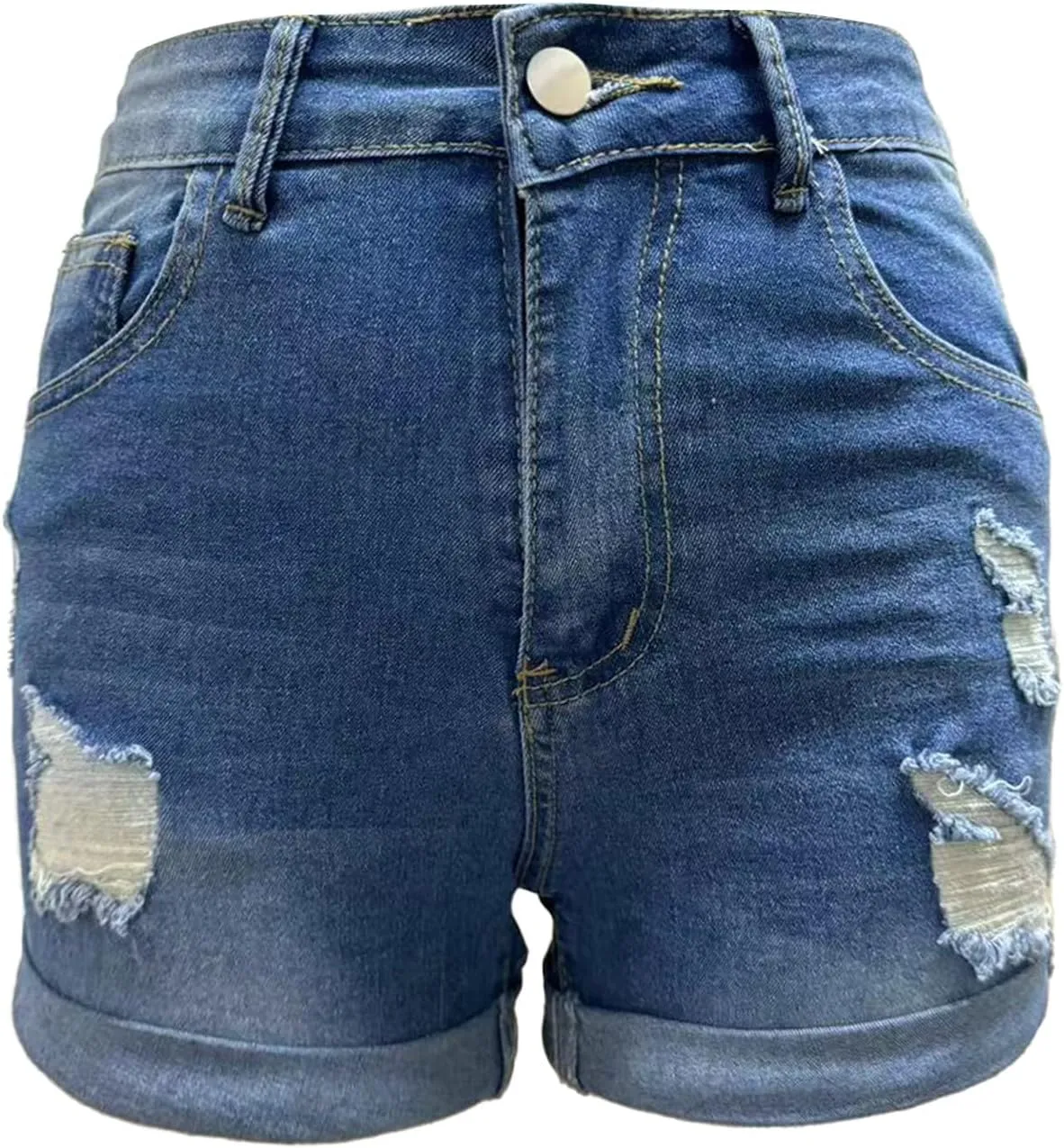 Women's High Waisted Rolled Hem Distressed Jeans Ripped Denim Shorts Casual Frayed Short Jeans with Pockets