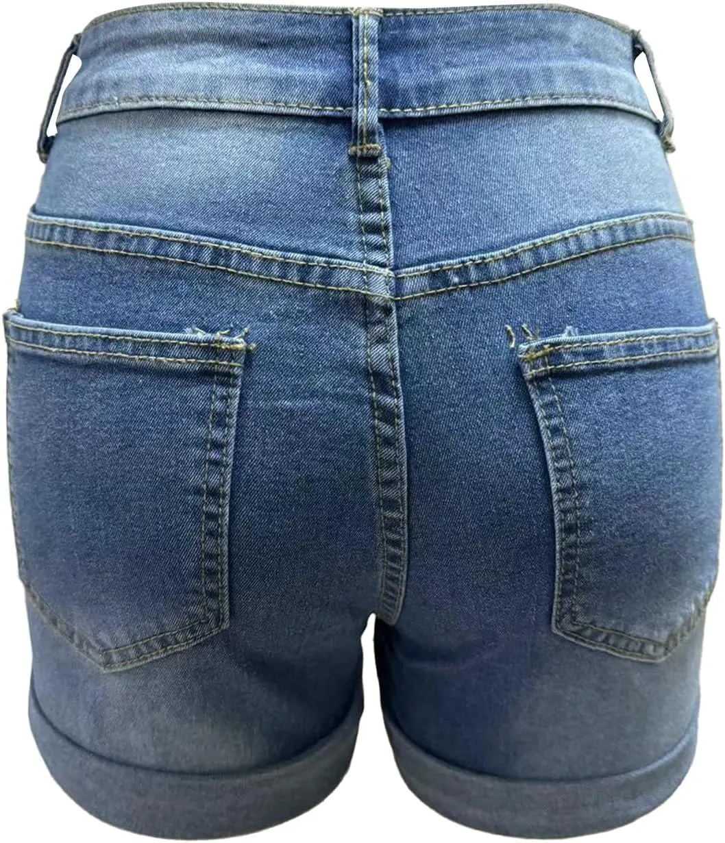 Women's High Waisted Rolled Hem Distressed Jeans Ripped Denim Shorts Casual Frayed Short Jeans with Pockets