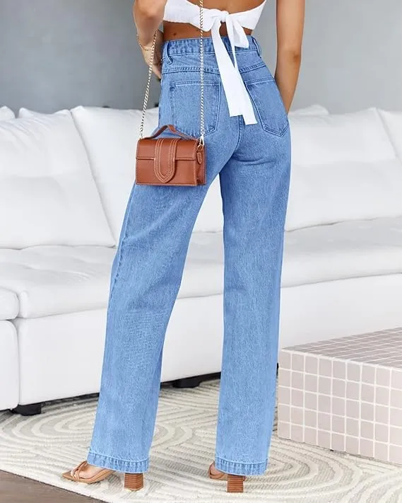 Womens Jeans High Waisted Straight Leg Loose Stretchy Lightweight Tummy Control Trendy Jeans for Women with Pockets