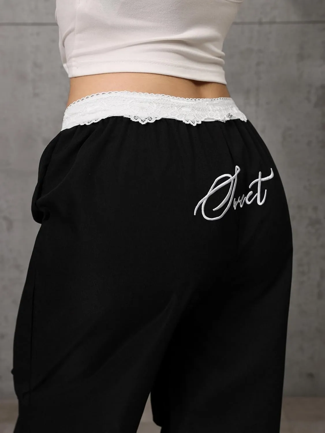 Women's Lace Trim Elastic Waist Casual Pants Straight Leg Loose Long Trousers
