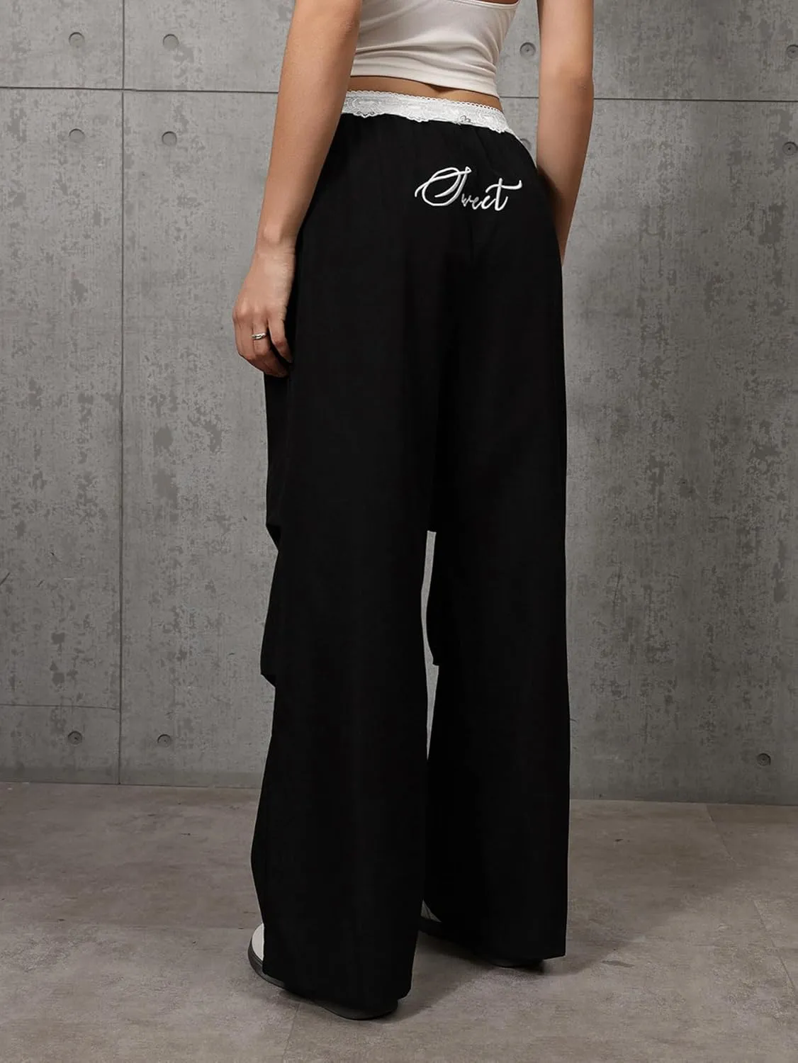 Women's Lace Trim Elastic Waist Casual Pants Straight Leg Loose Long Trousers