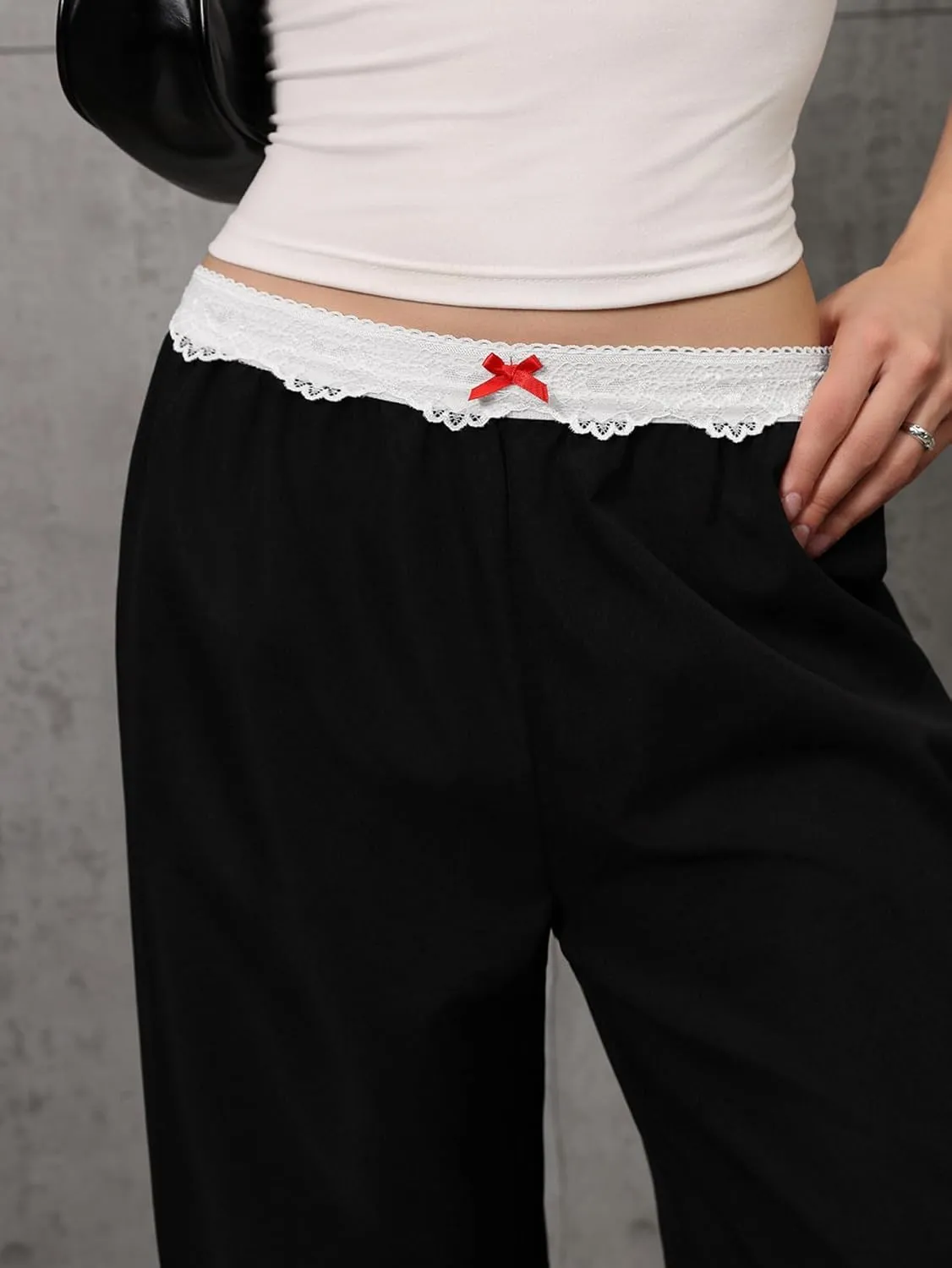 Women's Lace Trim Elastic Waist Casual Pants Straight Leg Loose Long Trousers