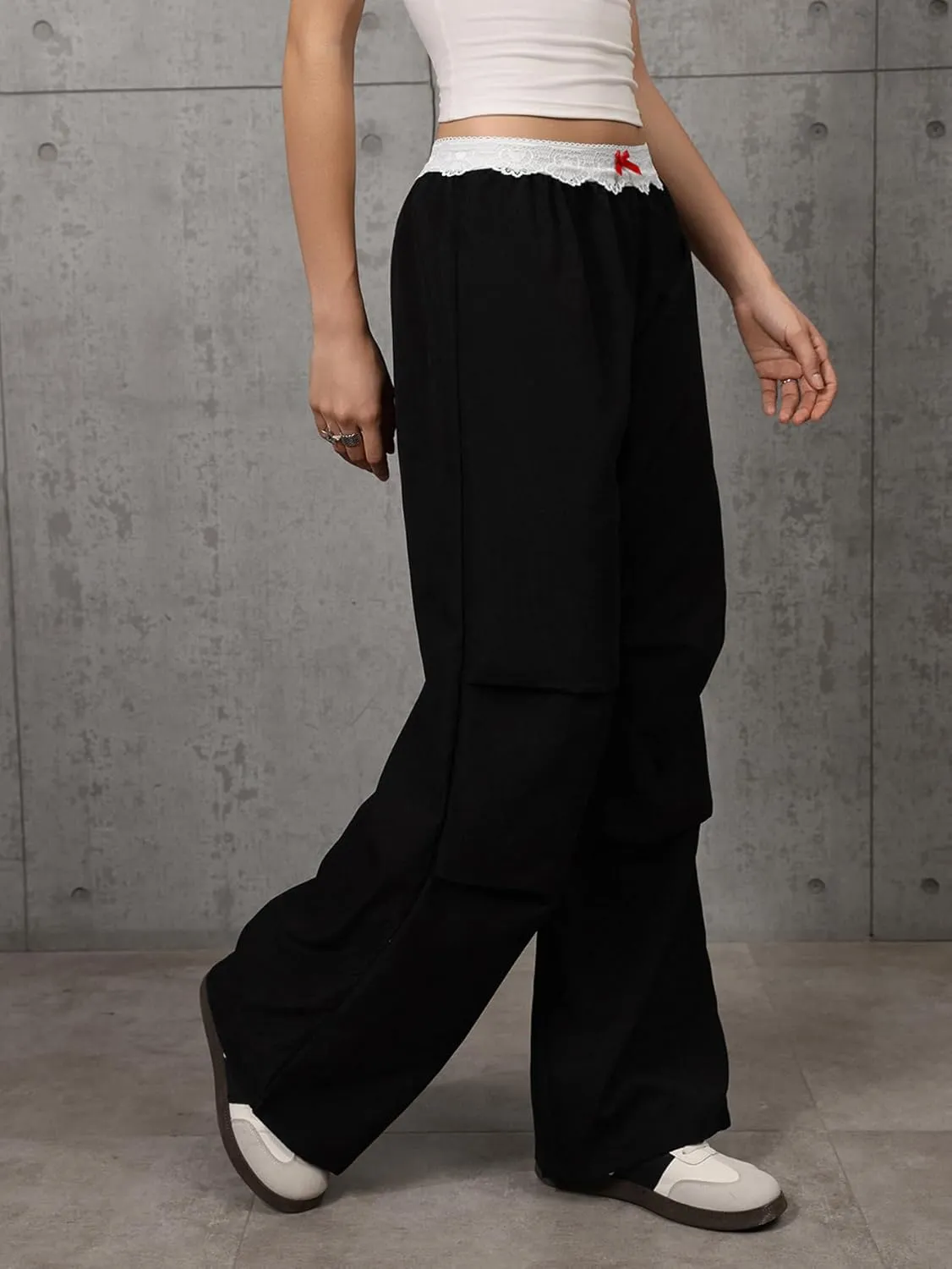Women's Lace Trim Elastic Waist Casual Pants Straight Leg Loose Long Trousers