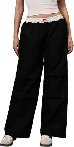 Women's Lace Trim Elastic Waist Casual Pants Straight Leg Loose Long Trousers