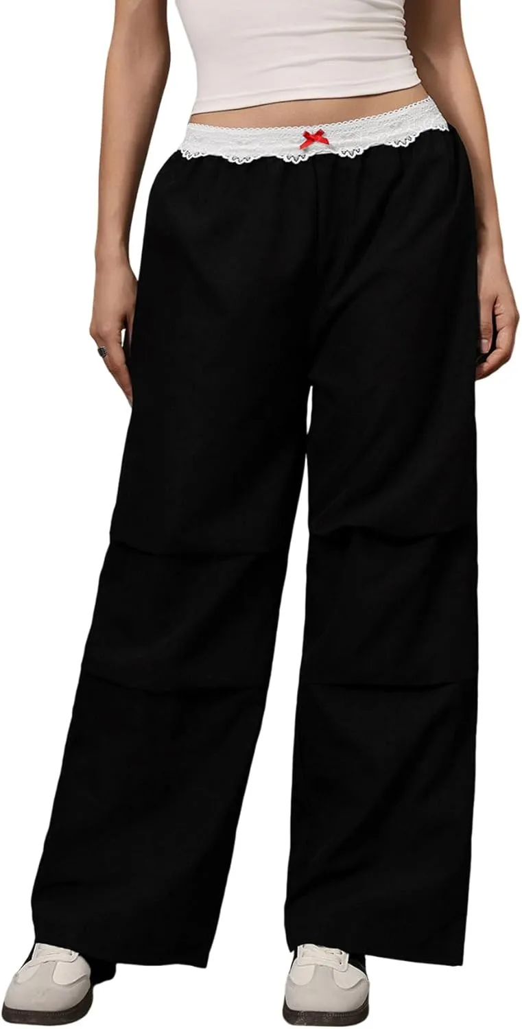 Women's Lace Trim Elastic Waist Casual Pants Straight Leg Loose Long Trousers