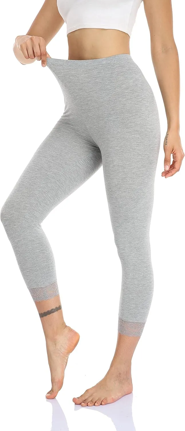 Women's Lace Trim Leggings 3/4 Length Capri Stretchy High Waist Yoga Cropped Leggings Lightweight Tights Leggings