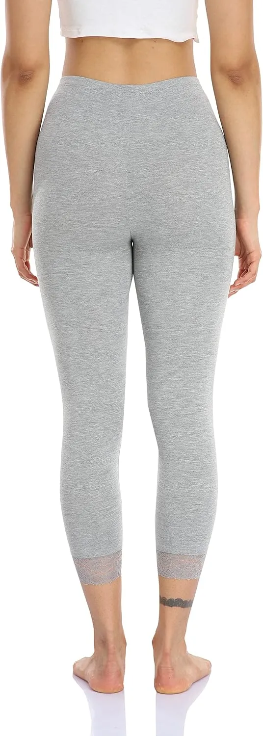 Women's Lace Trim Leggings 3/4 Length Capri Stretchy High Waist Yoga Cropped Leggings Lightweight Tights Leggings