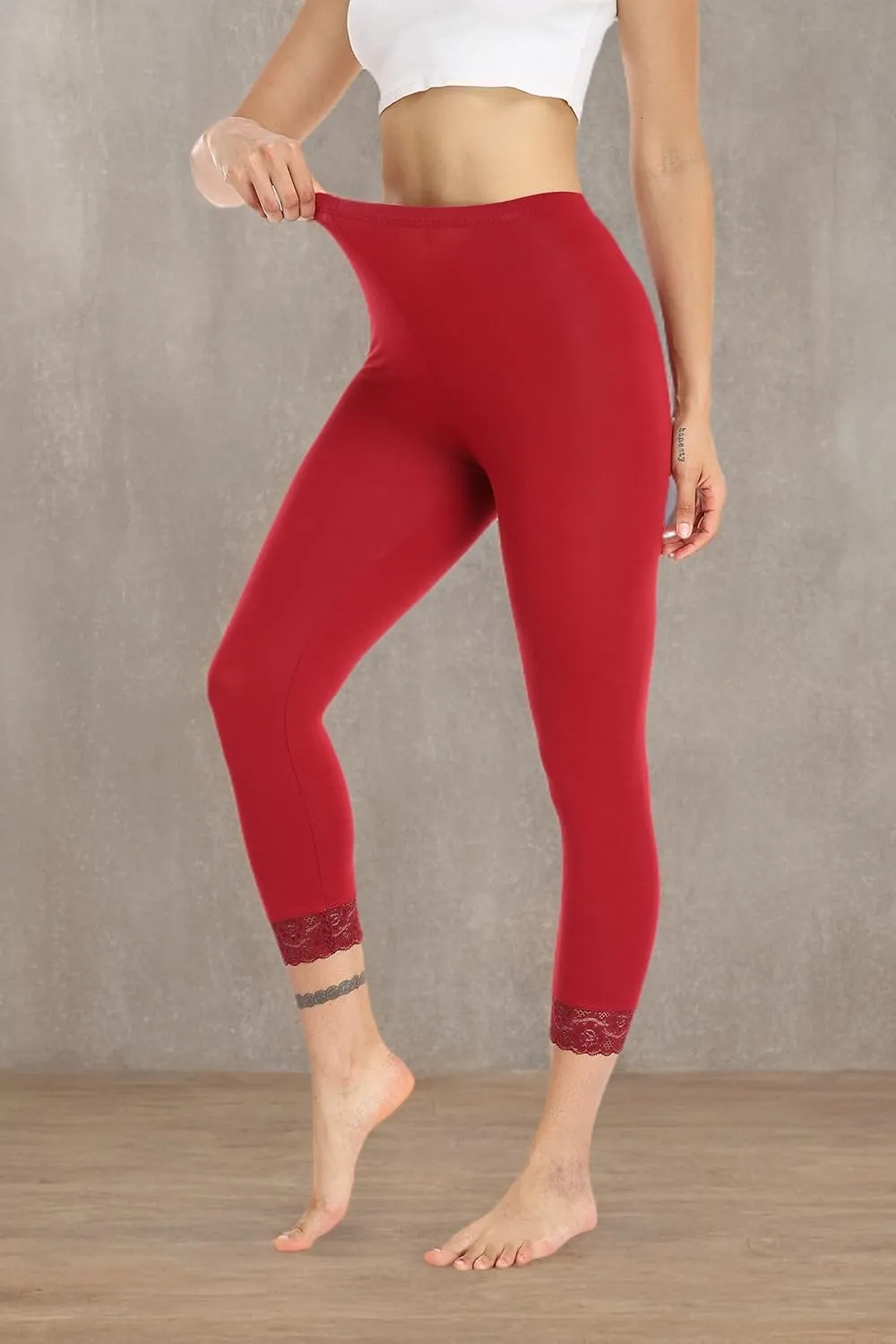 Women's Lace Trim Leggings 3/4 Length Capri Stretchy High Waist Yoga Cropped Leggings Lightweight Tights Leggings
