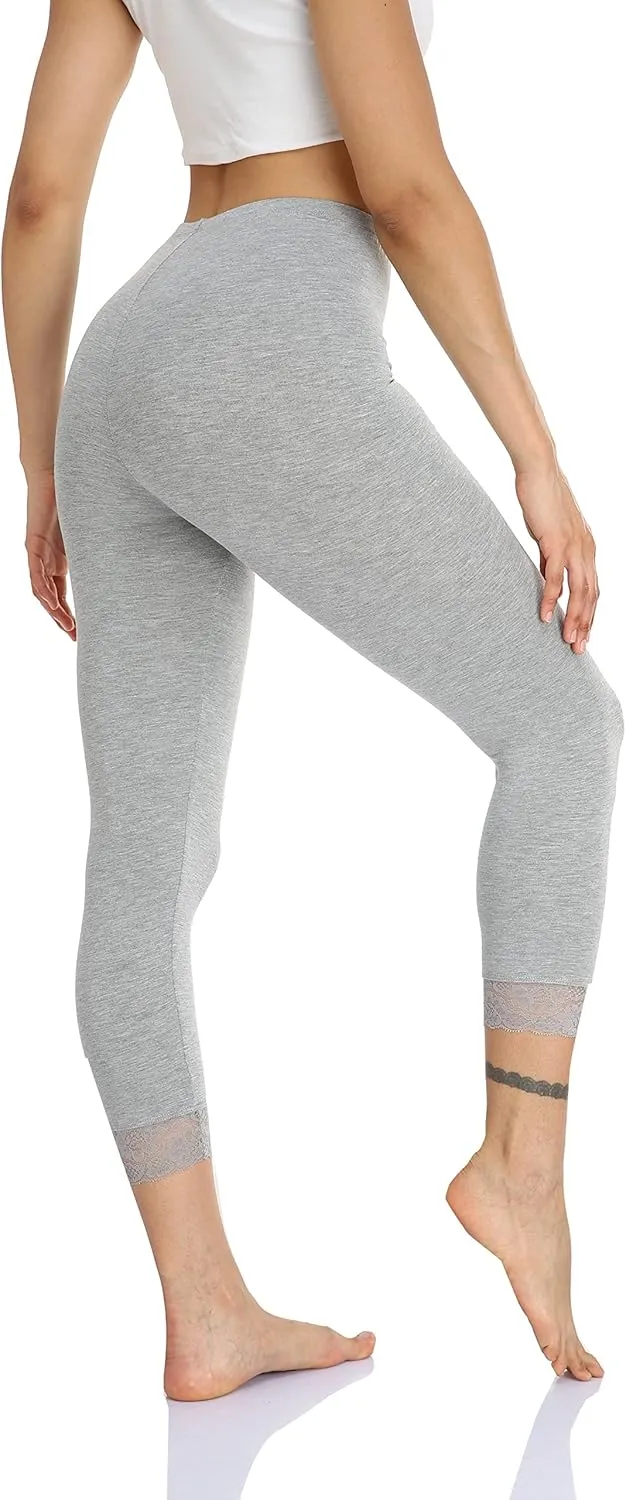Women's Lace Trim Leggings 3/4 Length Capri Stretchy High Waist Yoga Cropped Leggings Lightweight Tights Leggings