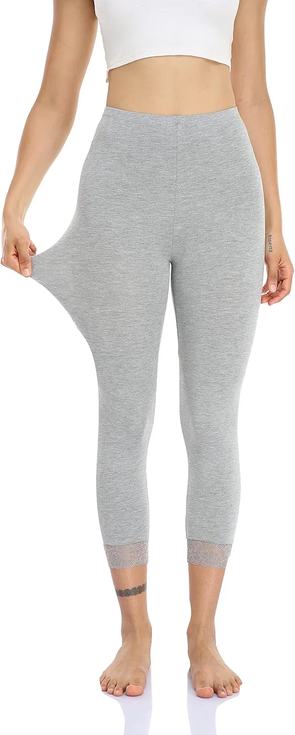 Women's Lace Trim Leggings 3/4 Length Capri Stretchy High Waist Yoga Cropped Leggings Lightweight Tights Leggings