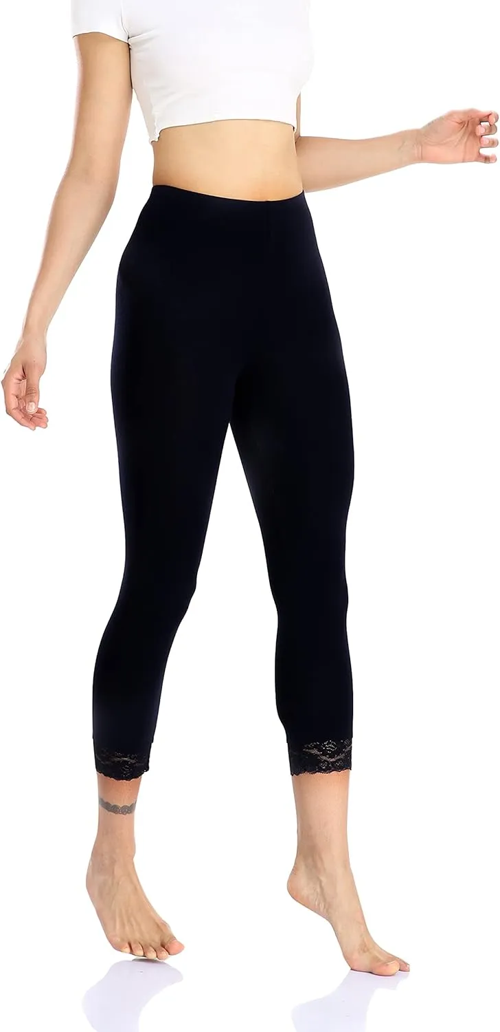 Women's Lace Trim Leggings 3/4 Length Capri Stretchy High Waist Yoga Cropped Leggings Lightweight Tights Leggings