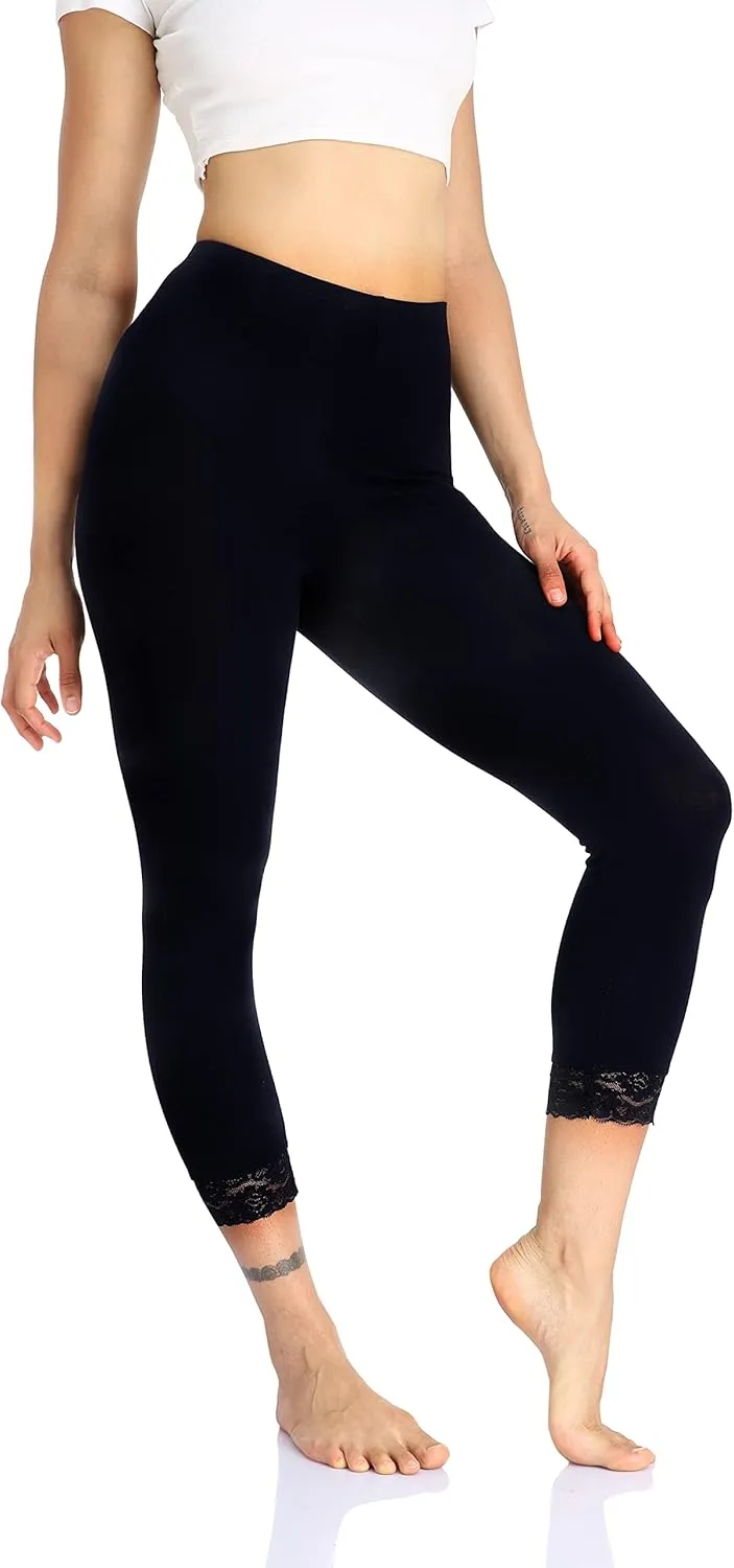 Women's Lace Trim Leggings 3/4 Length Capri Stretchy High Waist Yoga Cropped Leggings Lightweight Tights Leggings