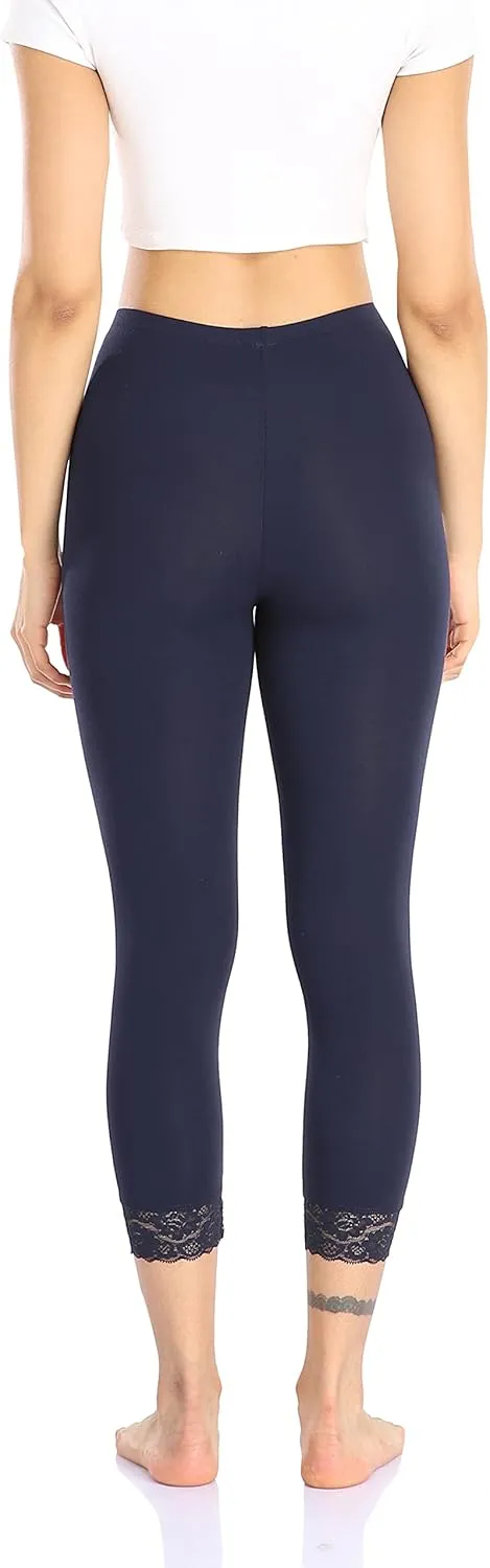 Women's Lace Trim Leggings 3/4 Length Capri Stretchy High Waist Yoga Cropped Leggings Lightweight Tights Leggings