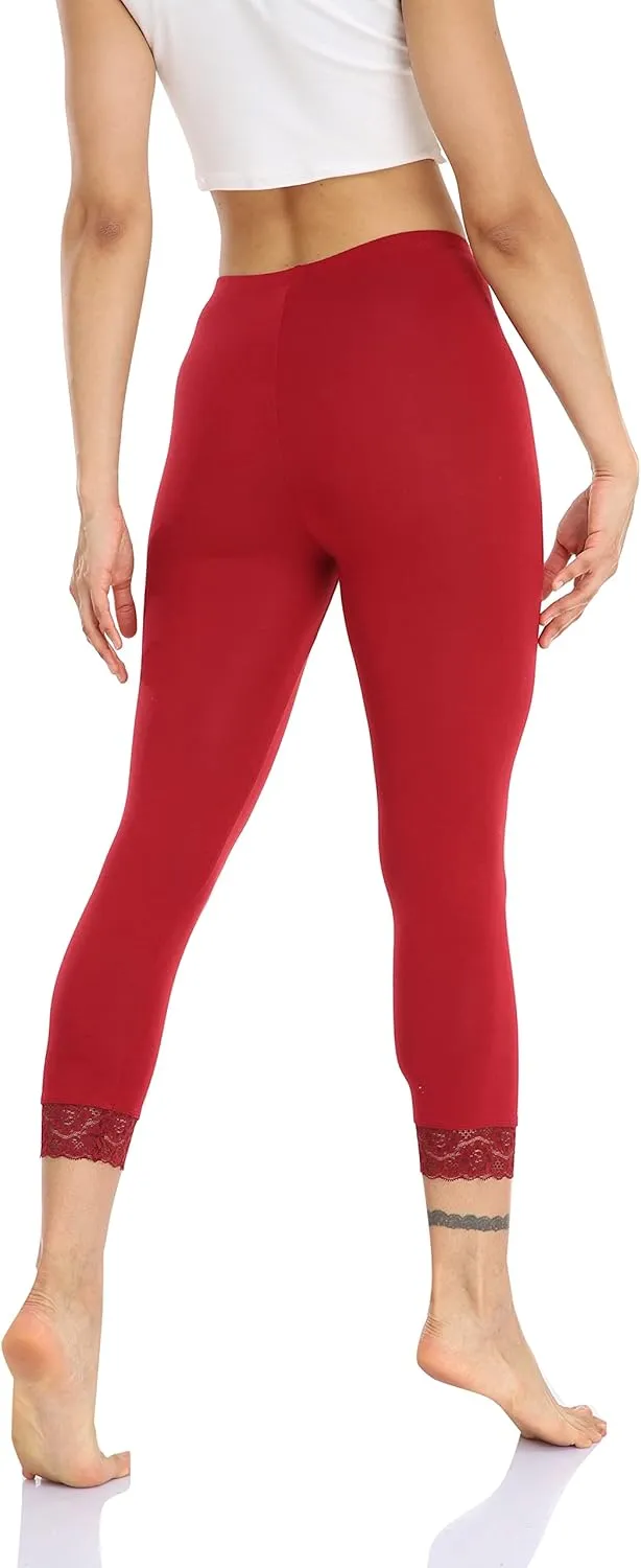 Women's Lace Trim Leggings 3/4 Length Capri Stretchy High Waist Yoga Cropped Leggings Lightweight Tights Leggings