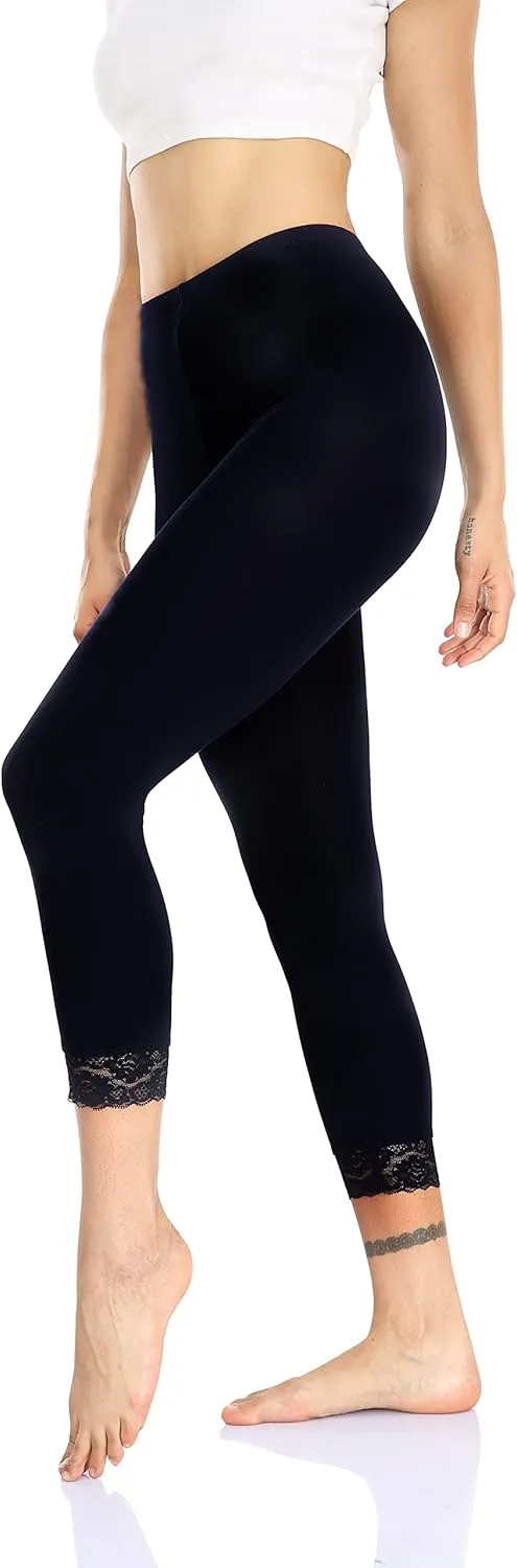 Women's Lace Trim Leggings 3/4 Length Capri Stretchy High Waist Yoga Cropped Leggings Lightweight Tights Leggings