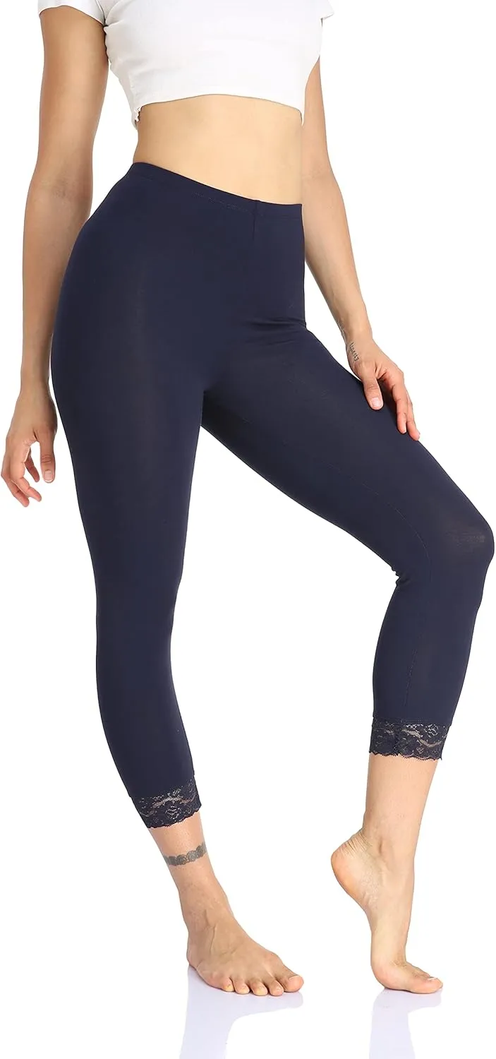 Women's Lace Trim Leggings 3/4 Length Capri Stretchy High Waist Yoga Cropped Leggings Lightweight Tights Leggings