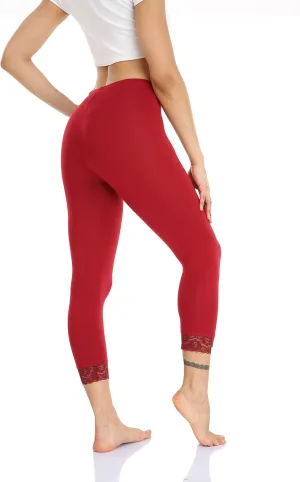 Women's Lace Trim Leggings 3/4 Length Capri Stretchy High Waist Yoga Cropped Leggings Lightweight Tights Leggings
