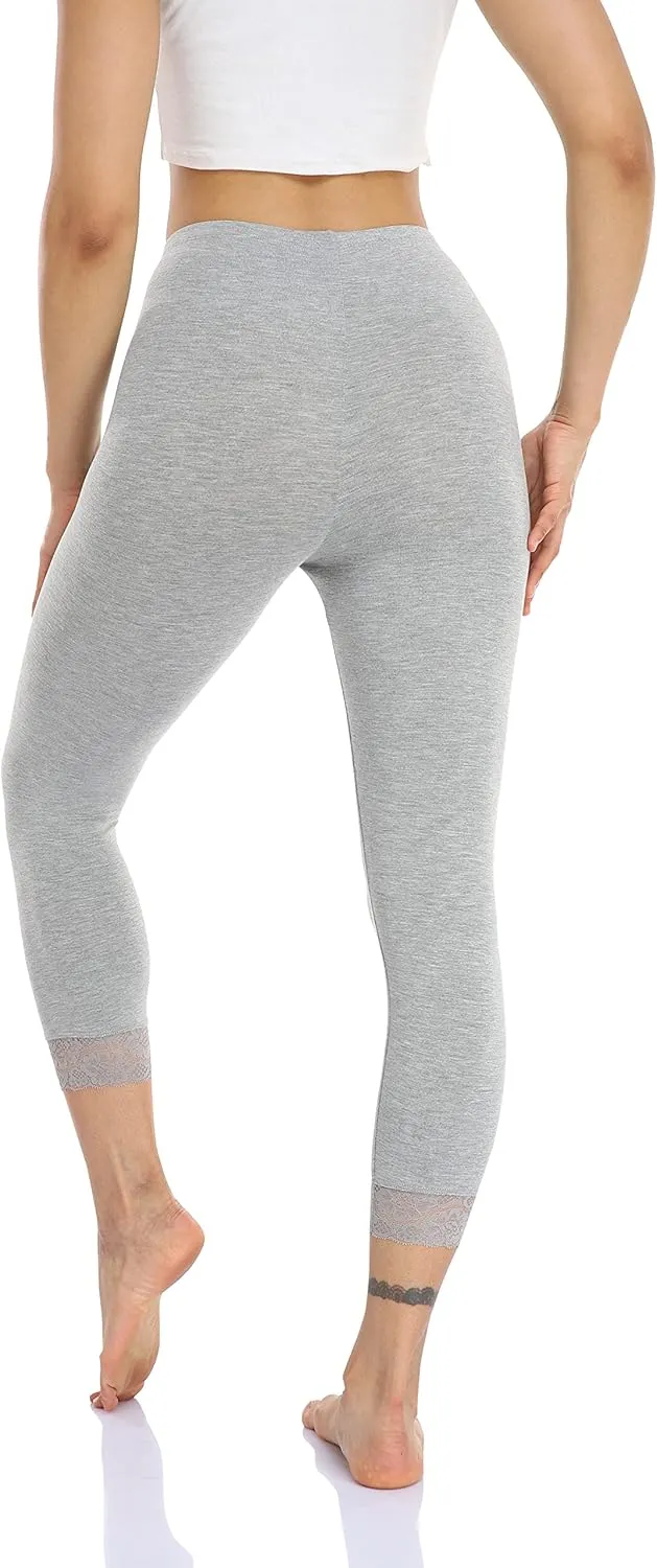 Women's Lace Trim Leggings 3/4 Length Capri Stretchy High Waist Yoga Cropped Leggings Lightweight Tights Leggings
