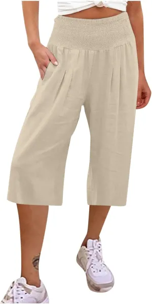 Womens Linen Palazzo Capri with Pockets Smocked High Waist Wide Leg Pants Casual Loungewear Flowy Summer Bottoms
