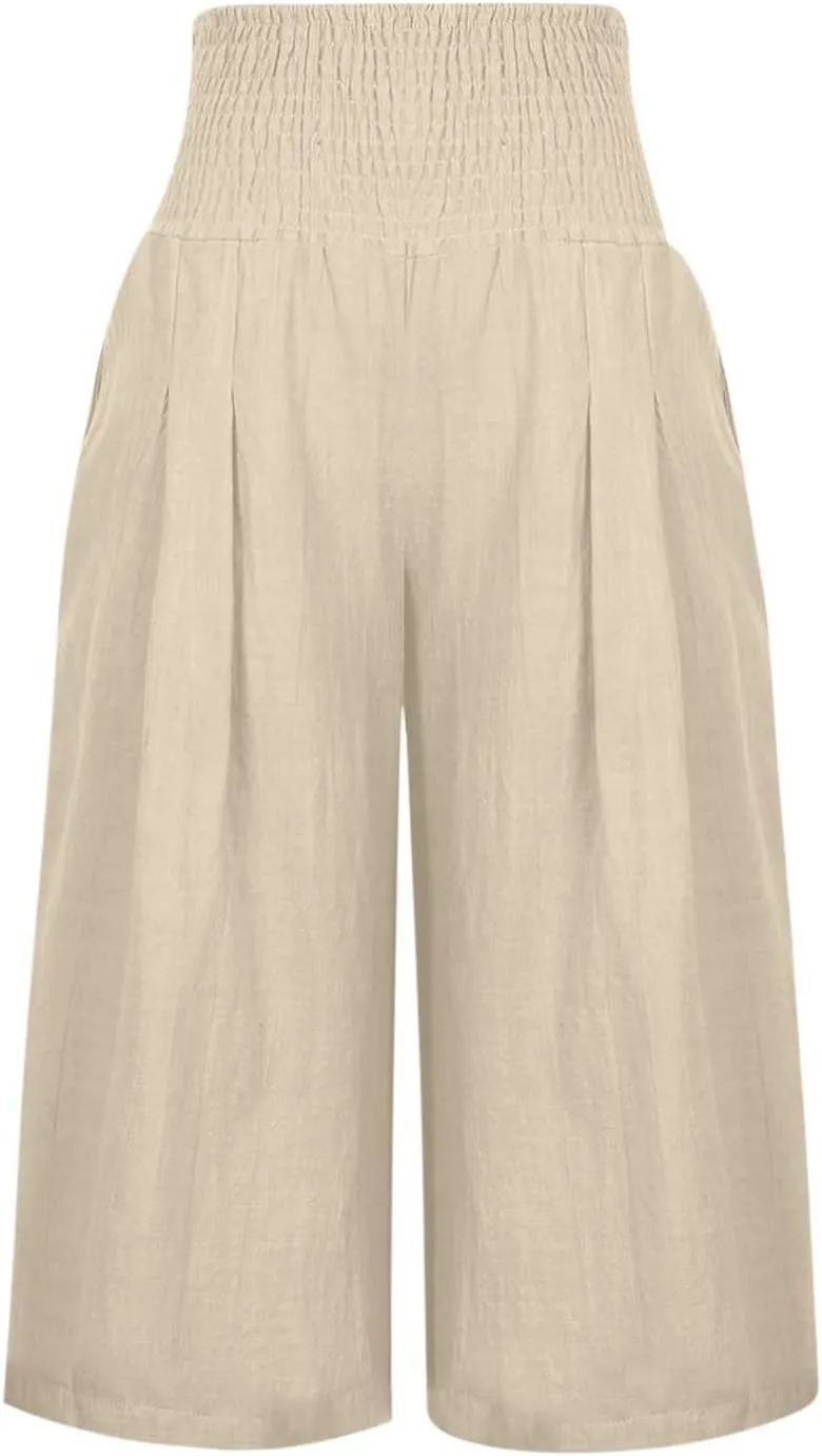 Womens Linen Palazzo Capri with Pockets Smocked High Waist Wide Leg Pants Casual Loungewear Flowy Summer Bottoms