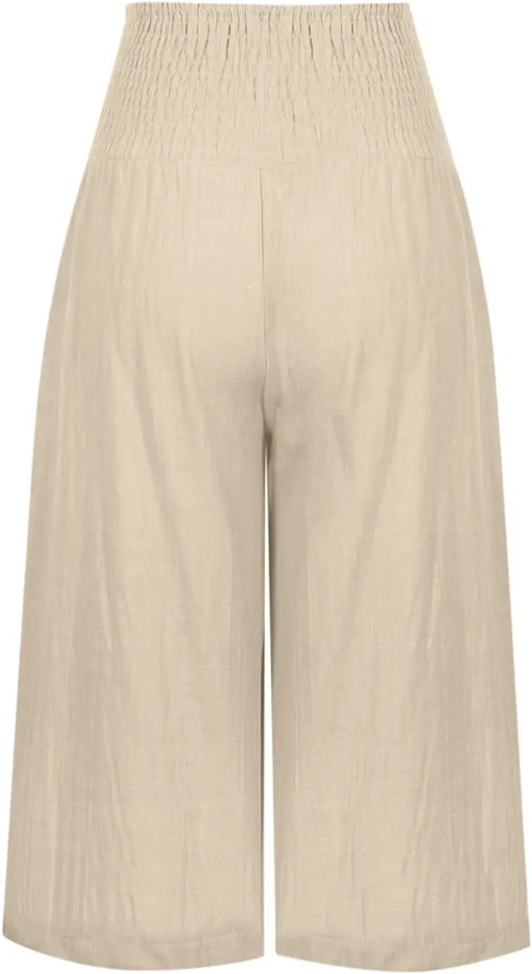 Womens Linen Palazzo Capri with Pockets Smocked High Waist Wide Leg Pants Casual Loungewear Flowy Summer Bottoms