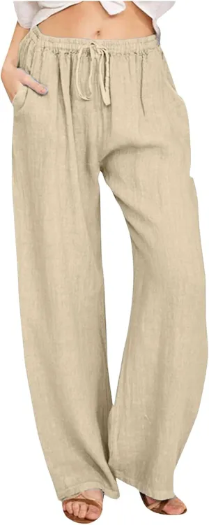 Women's Linen Pants 2025 Summer Loose High Waist Pleated Front Wide Leg Joggers Palazzo Pants Trousers with Pockets
