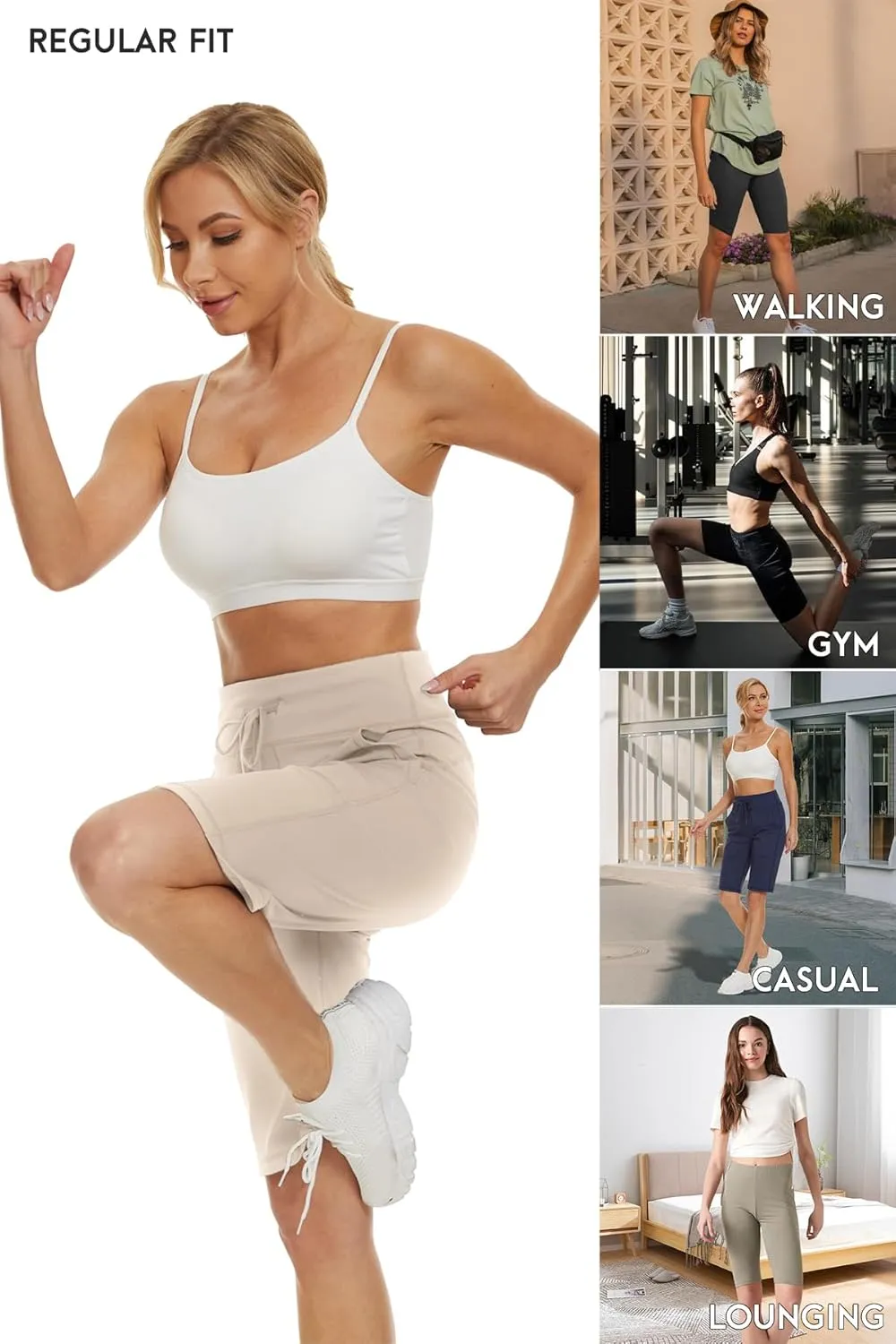 Women's Long Shorts 12" Knee Length Running Athletic High Waist Deep Pockets Quick Dry Loose Fit