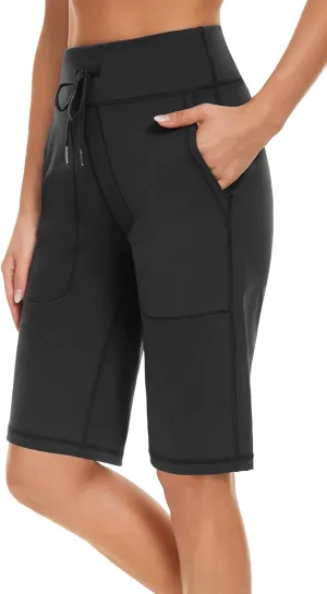 Women's Long Shorts 12" Knee Length Running Athletic High Waist Deep Pockets Quick Dry Loose Fit