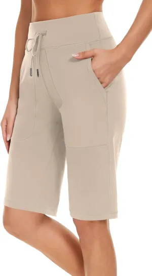 Women's Long Shorts 12" Knee Length Running Athletic High Waist Deep Pockets Quick Dry Loose Fit