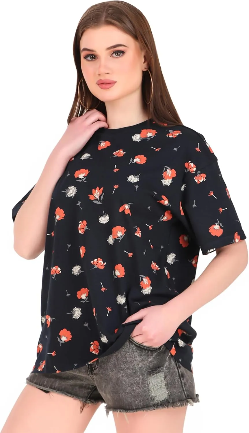 Women's Oversized Fit Soft Cotton Jersey All Over Printed Casual T-Shirts in 180 GSM Fabric