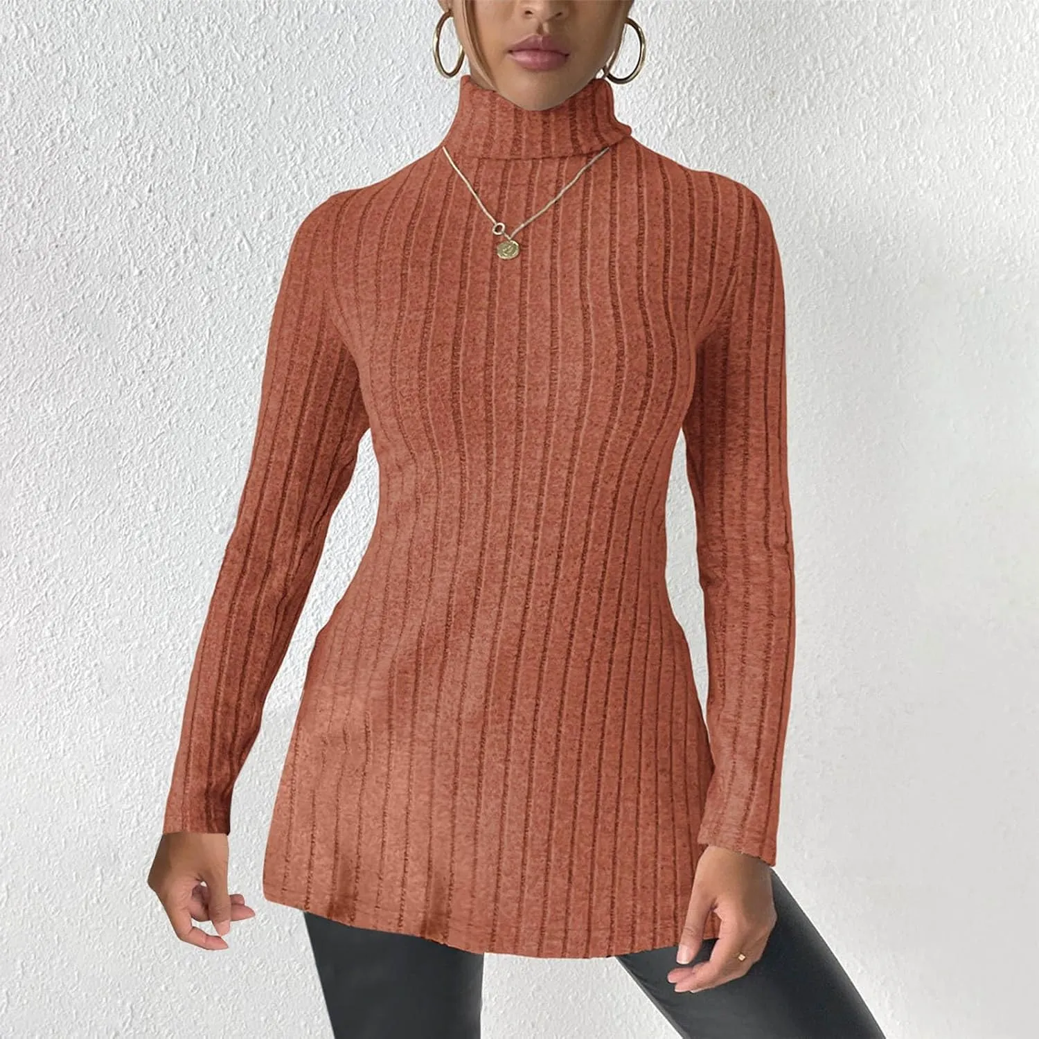Women's Oversized Turtleneck Sweaters Fall Long Sleeve Ribbed Long Tunic Sweater Lightweight Knit Tops Loungewear