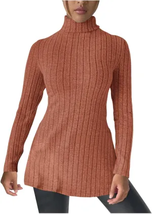 Women's Oversized Turtleneck Sweaters Fall Long Sleeve Ribbed Long Tunic Sweater Lightweight Knit Tops Loungewear