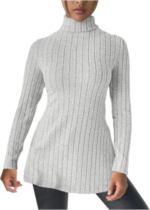 Women's Oversized Turtleneck Sweaters Fall Long Sleeve Ribbed Long Tunic Sweater Lightweight Knit Tops Loungewear